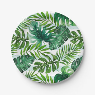 Trendy Watercolor Tropical Monstera & Palm Leaves Paper Plate