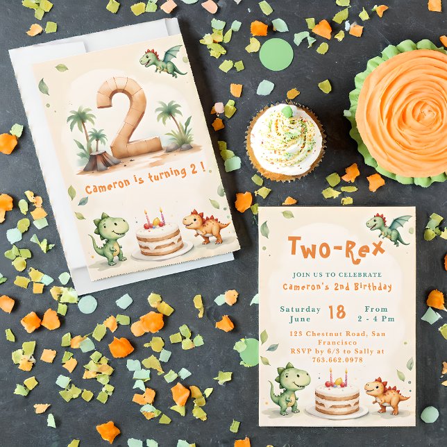 Trendy Watercolor Two-Rex  Second 2nd Birthday Invitation (Creator Uploaded)