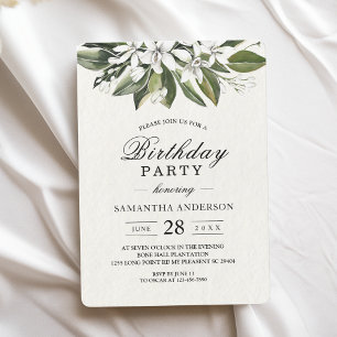 Trendy Watercolor White Flowers & Leaves Invitation