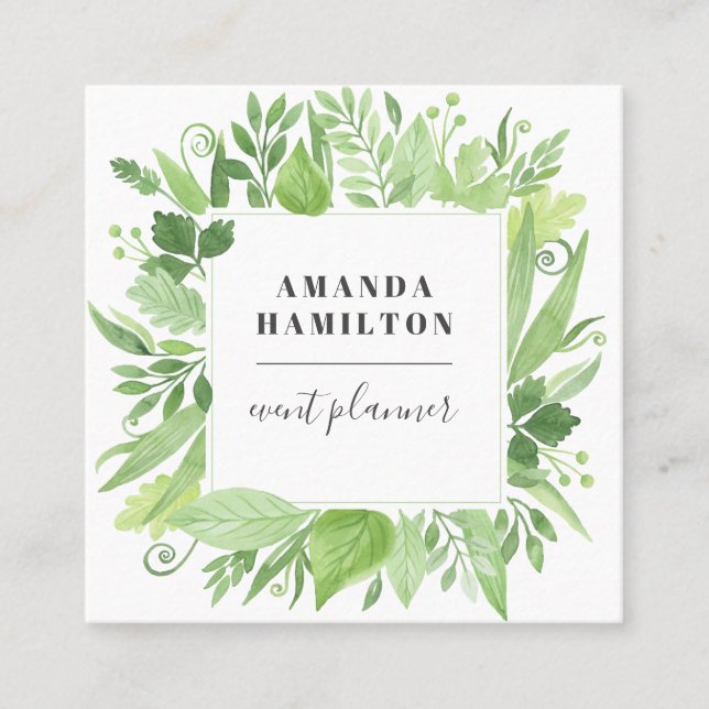 Trendy Watercolor wild meadow greenery foliage Square Business Card (Front)