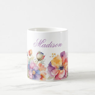 Trendy Watercolor Wildflowers Name Personalised Coffee Mug