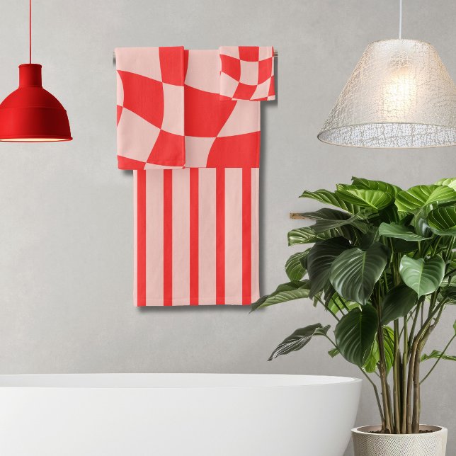 Trendy wavy chequerboard Pink Red Cute pattern Bath Towel Set (Creator Uploaded)