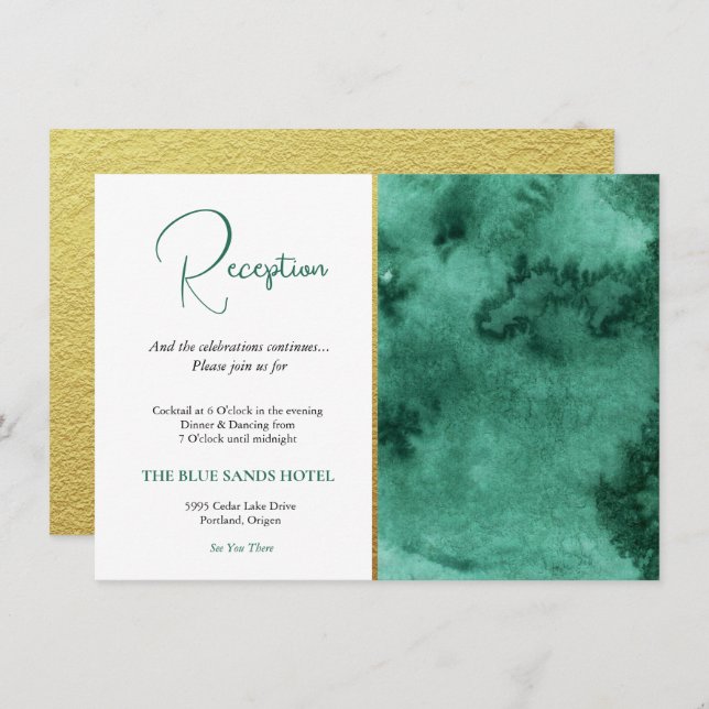 Trendy Wedding Reception Emerald Green & Gold Enclosure Card (Front/Back)