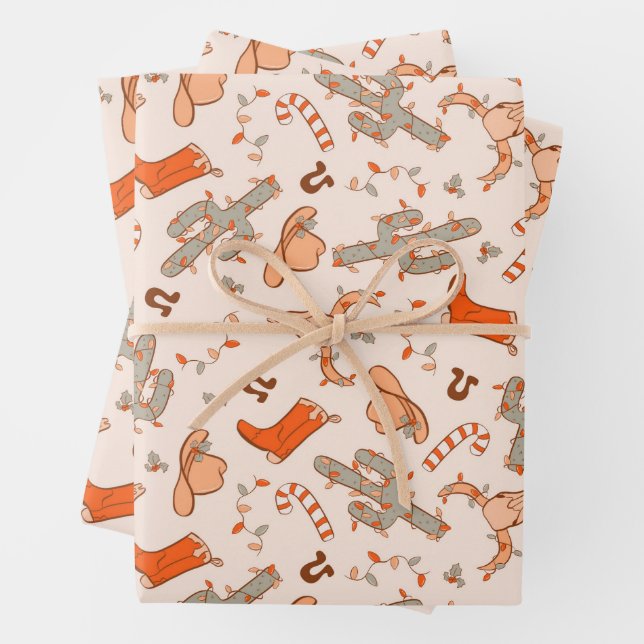 Trendy Western Cowboy Aesthetic Christmas Pattern Wrapping Paper Sheet (In situ)