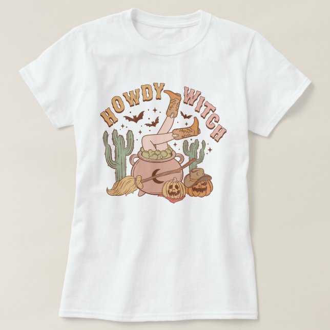 Trendy Western Cowgirl Howdy Witch Halloween T-Shirt (Design Front)