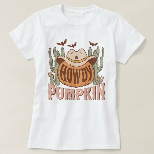 Trendy Western Funny Howdy Pumpkin Halloween T-Shirt (Design Front)