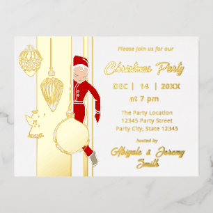 Trendy Whimsical Christmas Ornament Party Foil Invitation Postcard