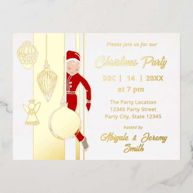 Trendy Whimsical Christmas Ornament Party Foil Invitation Postcard (Front)