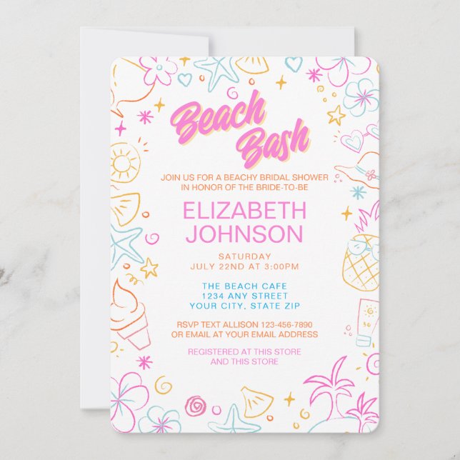Trendy Whimsical Doodle Beach Bash Bridal Shower Invitation (Front)