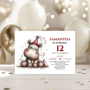 Trendy whimsical hippo animals style kids birthday invitation