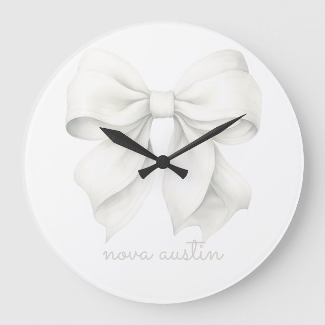 Trendy White Bow Personalised With Name Monogram Large Clock (Front)