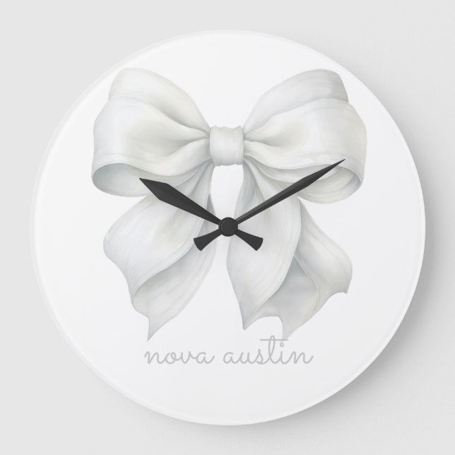 Trendy White Bow Personalised With Name Monogram Large Clock (Front)