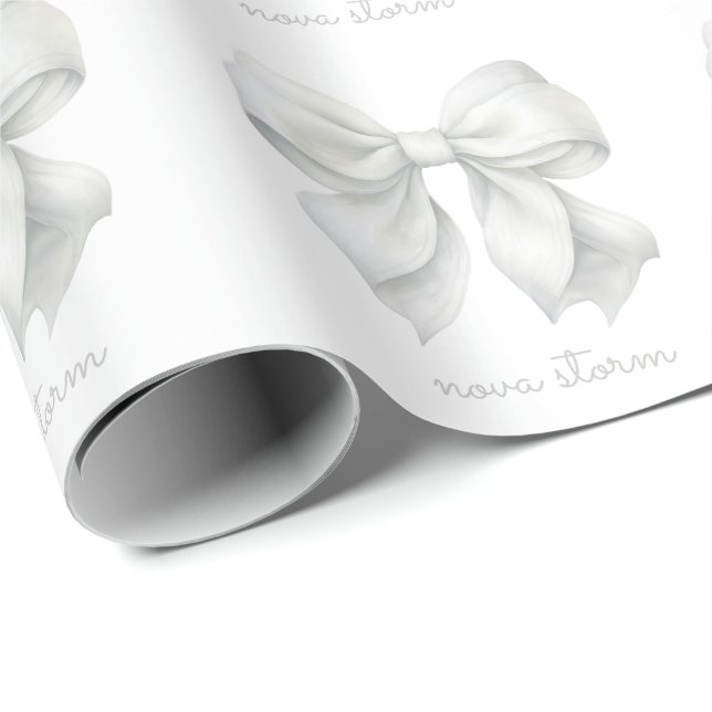 Trendy White Bow Personalised With Name Monogram Wrapping Paper (Roll Corner)
