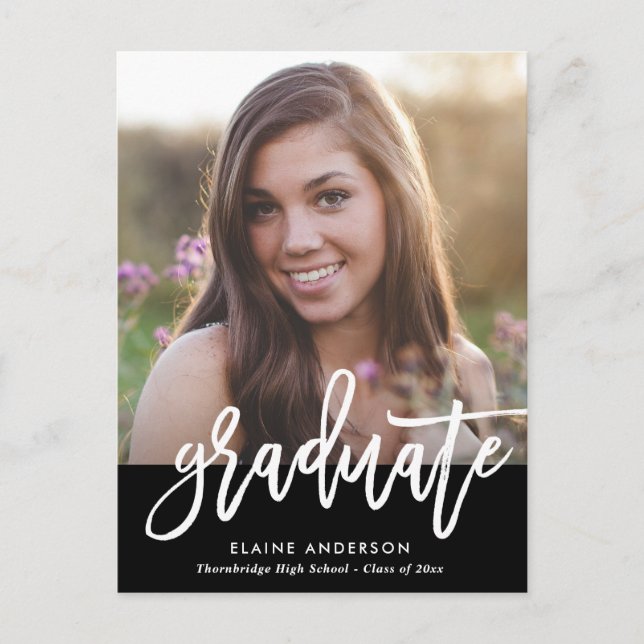 Trendy white Brush script graduation invitation Postcard (Front)