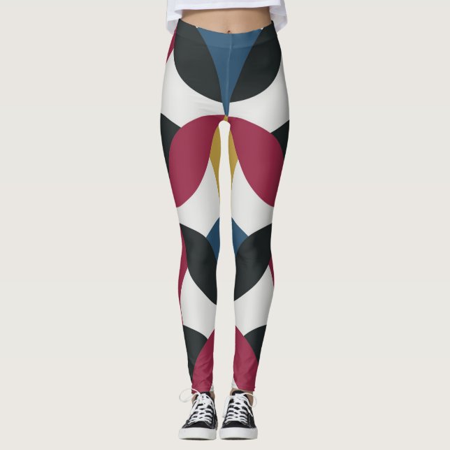 Trendy White Burgundy Blue Black Yellow Fashion Leggings (Front)