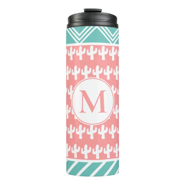 Trendy White Cactus & Geometric | Personalised Thermal Tumbler (Front)