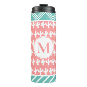 Trendy White Cactus & Geometric Personalized Thermal Tumbler