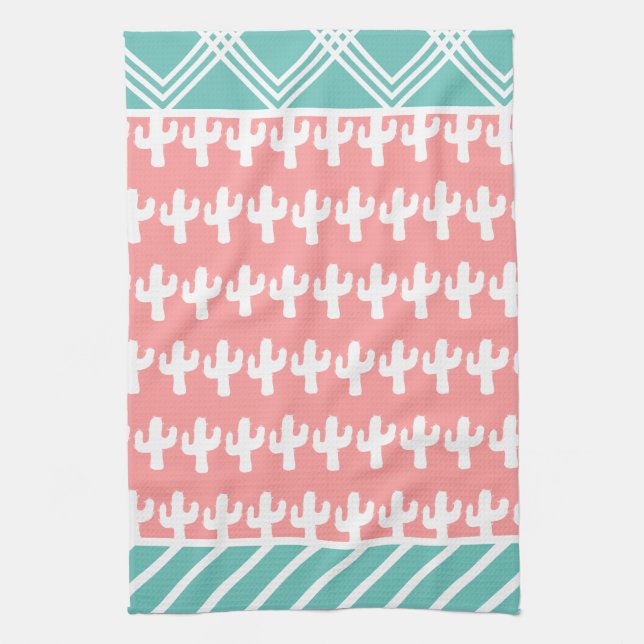 Trendy White Cactus & Geometric Tea Towel (Vertical)