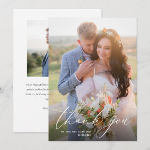 trendy white calligraphy wedding thank you card