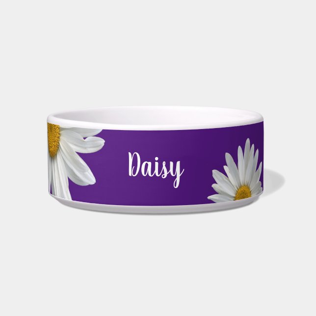 Trendy White Daisies Cute Floral Purple Pet Bowl (Front)