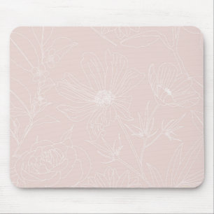 Trendy White Flowers outlines Blush Pink design Mouse Mat
