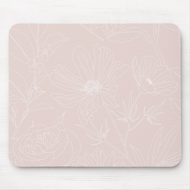 Trendy White Flowers outlines Blush Pink design Mouse Mat (Front)