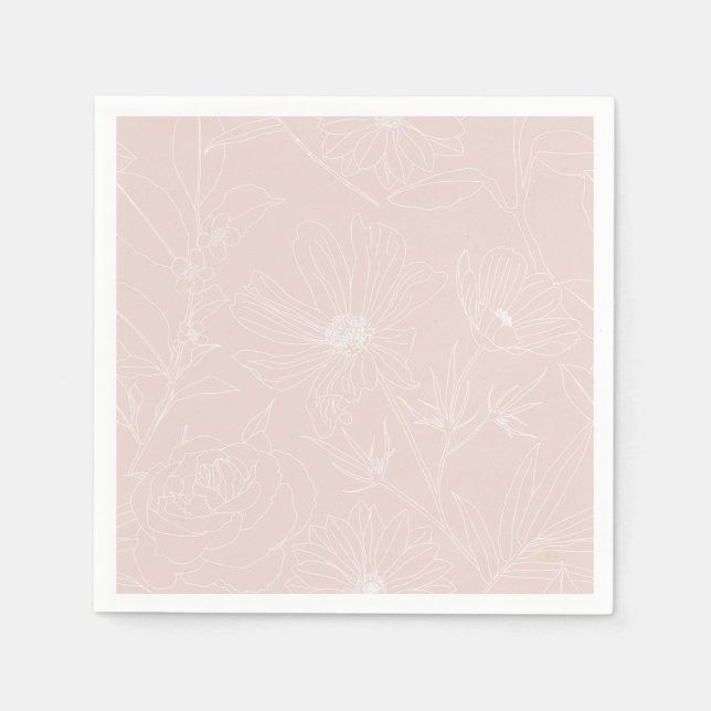 Trendy White Flowers outlines Blush Pink design Napkin (Front)