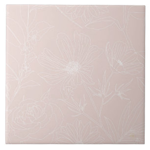 Trendy White Flowers outlines Blush Pink design Tile