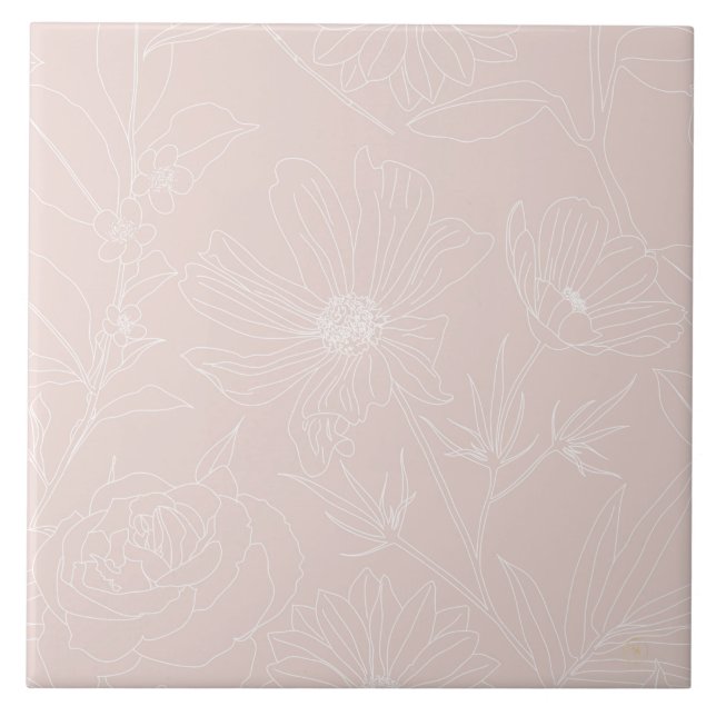 Trendy White Flowers outlines Blush Pink design Tile (Front)