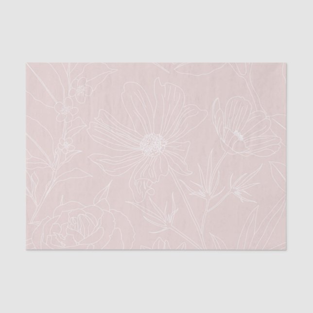 Trendy White Flowers outlines Blush Pink design Tissue Paper (Front)