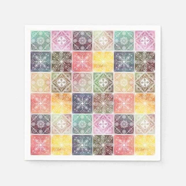 Trendy White Geometric Ornament Colourful Tile Art Napkin (Front)