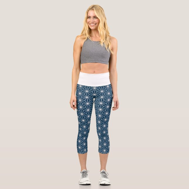 Trendy White Geometrical Star Pattern Blue Capri Leggings (Front)