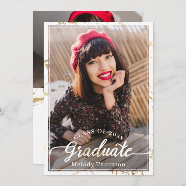 Trendy White Gold Marble 2 Photo Graduation Party Invitation (Front/Back)