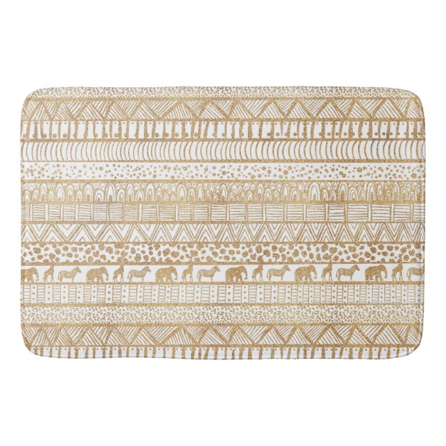 Trendy White Gold Tribal African Pattern Bath Mat (Front)