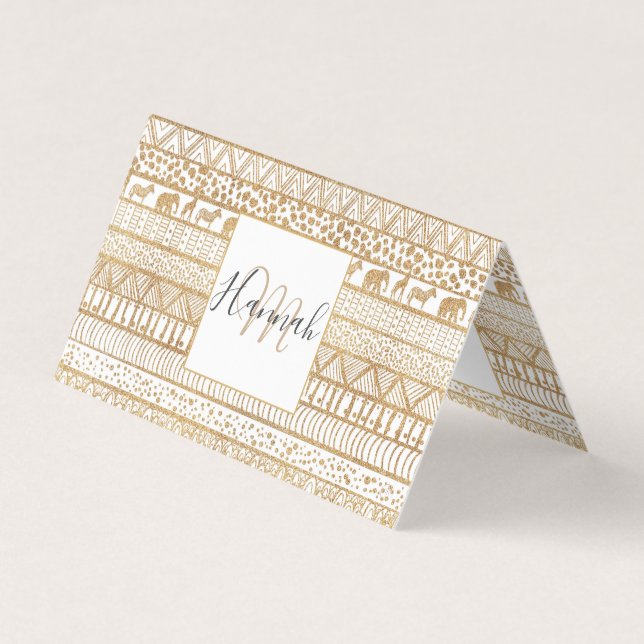 Trendy White Gold Tribal African Pattern Business Card (Front)