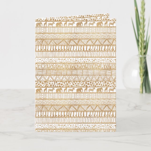 Trendy White Gold Tribal African Pattern Holiday Card (Front)