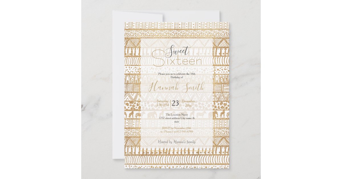 Trendy White Gold Tribal African Pattern Invitation | Zazzle