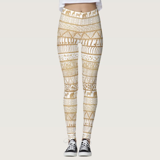 Trendy White Gold Tribal African Pattern Leggings (Front)