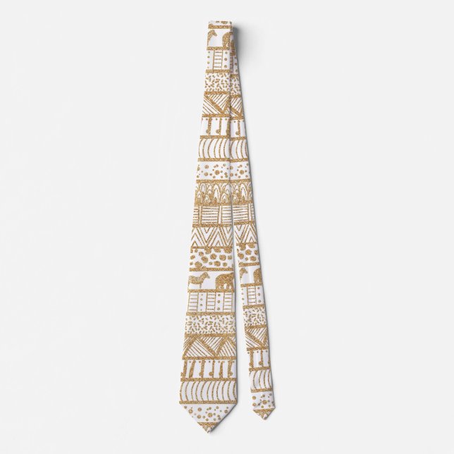 Trendy White Gold Tribal African Pattern Tie (Front)