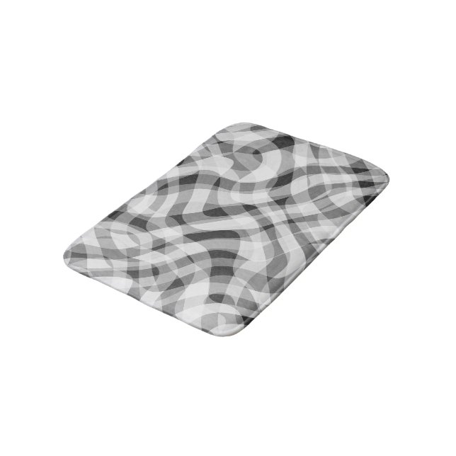 Trendy White Grey Black Retro Wavy Stripes Pattern Bath Mat (Angled)