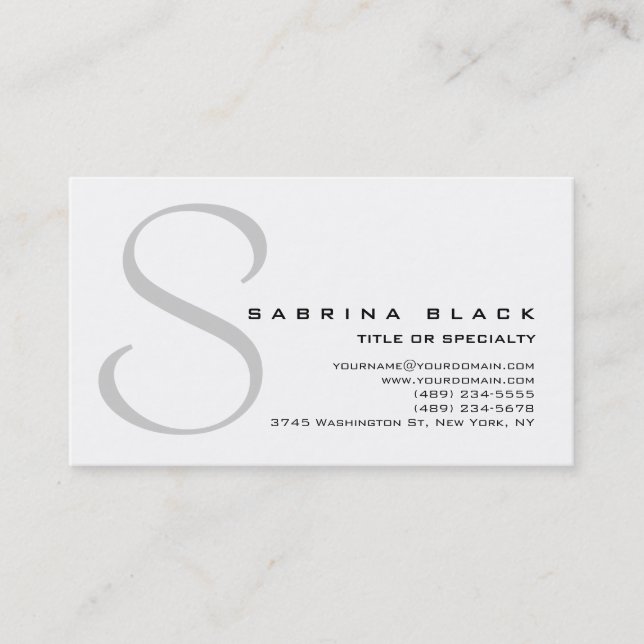 Trendy White Grey Monogram Business Card (Front)