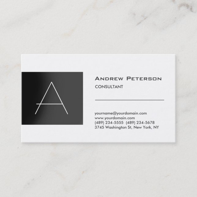 Trendy White Grey Stripe Monogram Business Card (Front)