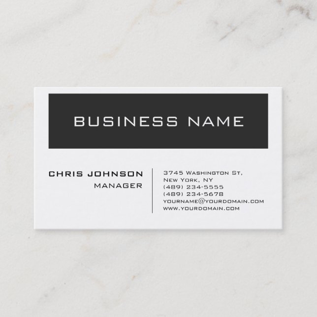 Trendy White Grey Striped Manager Business Card (Front)