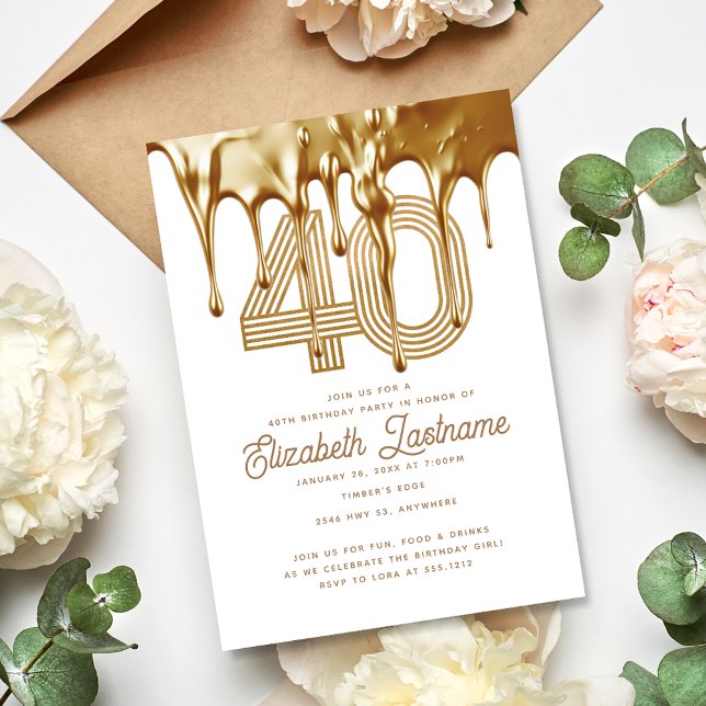 Trendy White Liquid Gold Drip 40th Birthday Invitation (Creator Uploaded)