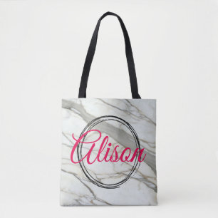 Trendy white marble and fuchsia custom name tote bag