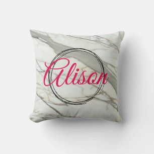 Trendy white marble fuchsia personalised name cushion