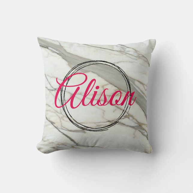 Trendy white marble fuchsia personalised name cushion (Front)
