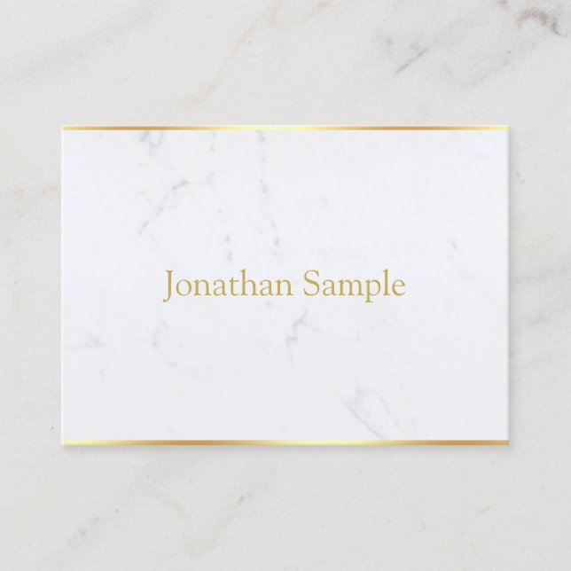 Trendy White Marble Gold Text Modern Elegant Business Card (Front)