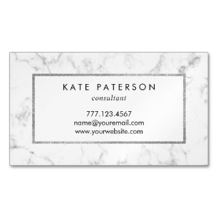 Trendy White Marble Silver Glitter Frame Magnetic Business Card