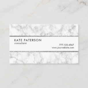 Trendy White Marble Silver Glitter Stripes Business Card